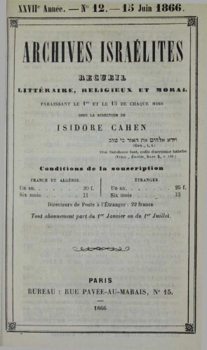 Archives israélites de France. Vol.27 N°12 (15 juin 1866)